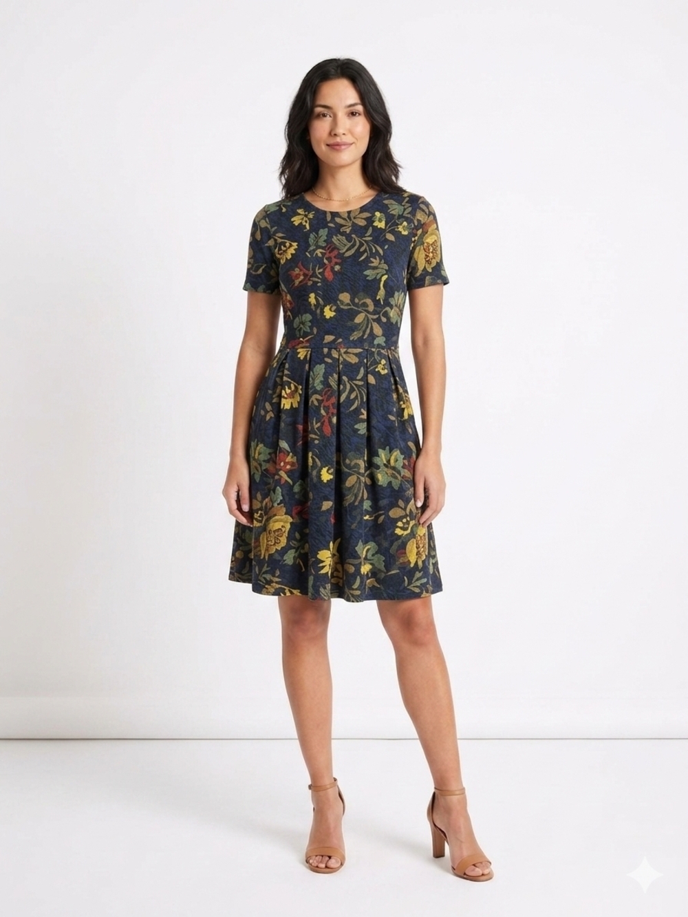 Floral Pleated Short Sleeve Dress - Navy Multi
